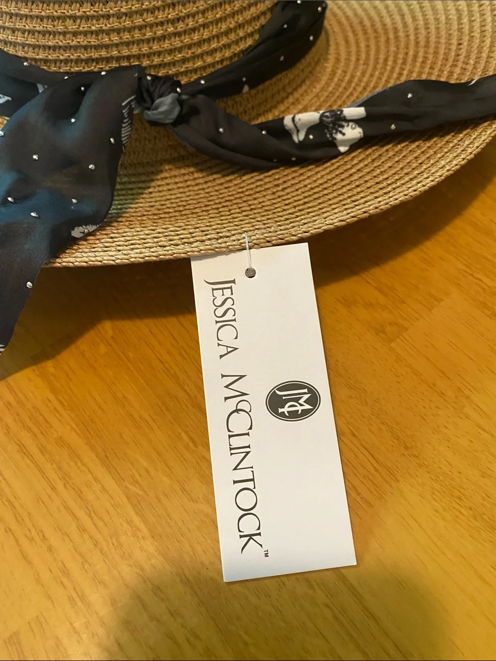 Jessica McClintock Tan Straw Wide-Brim Hat with Black Scarf Tie